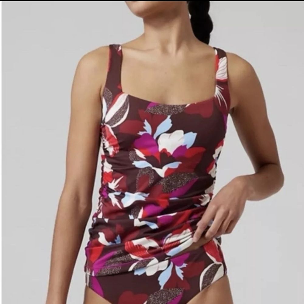 Athleta Square Neck Bra Cup Tankini  Swimsuit Top Floral Tropical Women 32D/DD